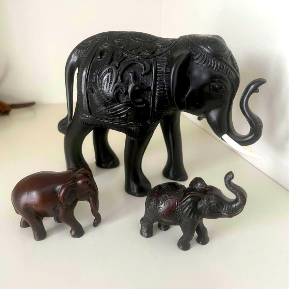 Vintage Lot of Three Decorative Elephant Resin and Wood sculptures